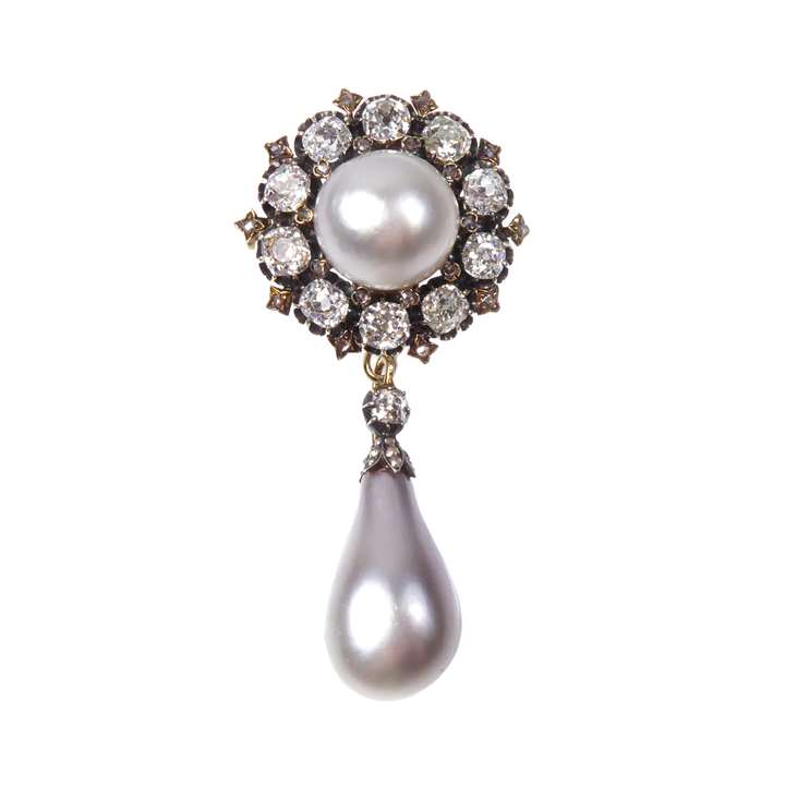 Natural pearl and diamond drop cluster pendant-brooch